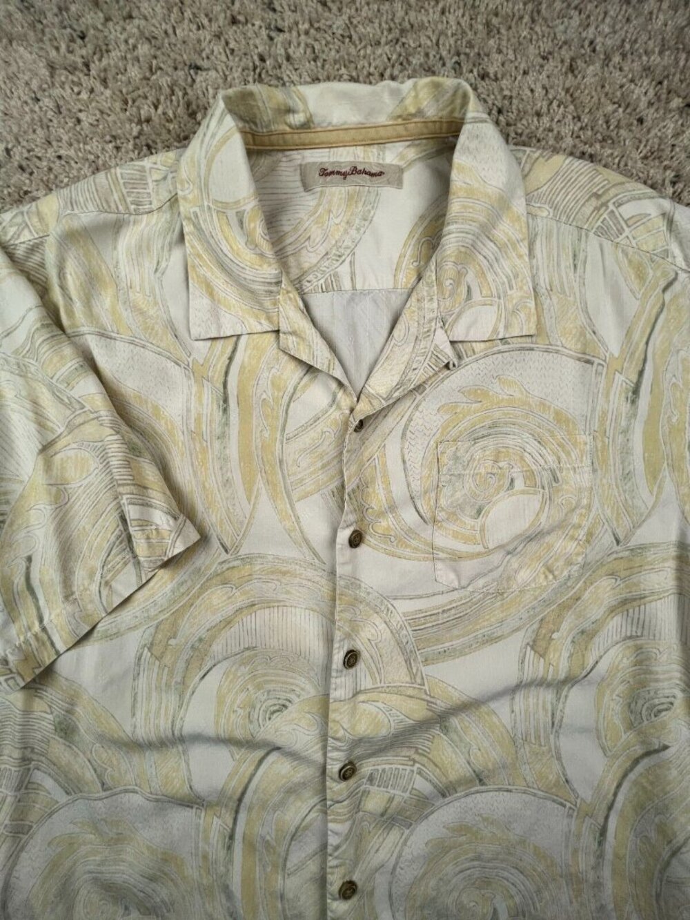 Tommy Bahama ALL SILK Hawaiian Button Up Camp Shirt XL Geometric Ivory Yellow